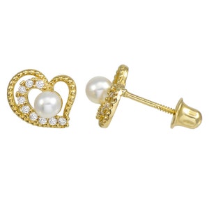 14K Yellow Gold Round Cubic Zirconia Shared-Prong Set Heart Stud Earrings image 2