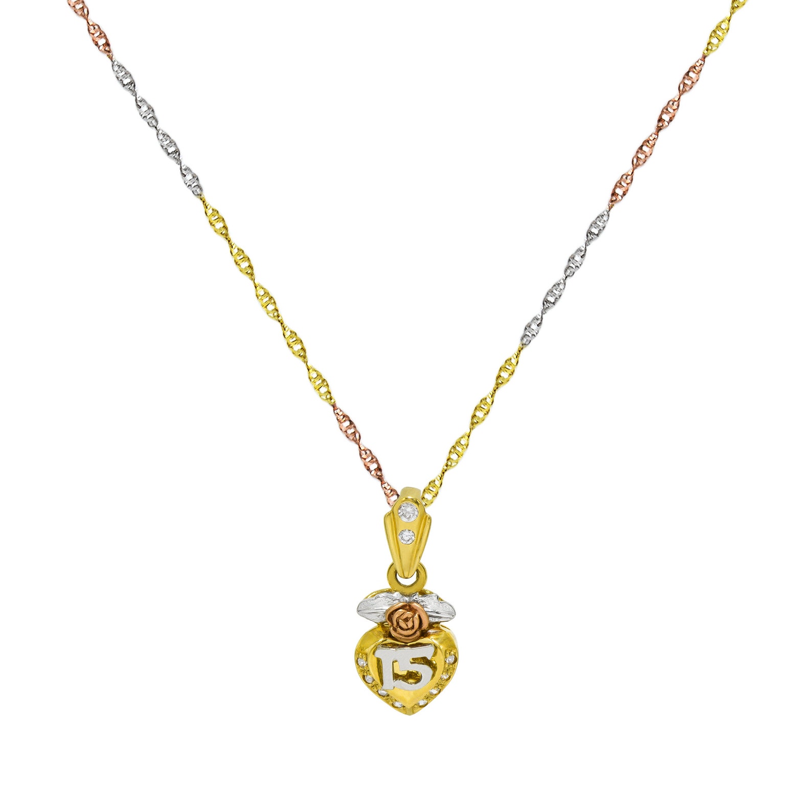 14K Tricolor Gold 15 Quinceanera Rose Pendant Necklace Etsy