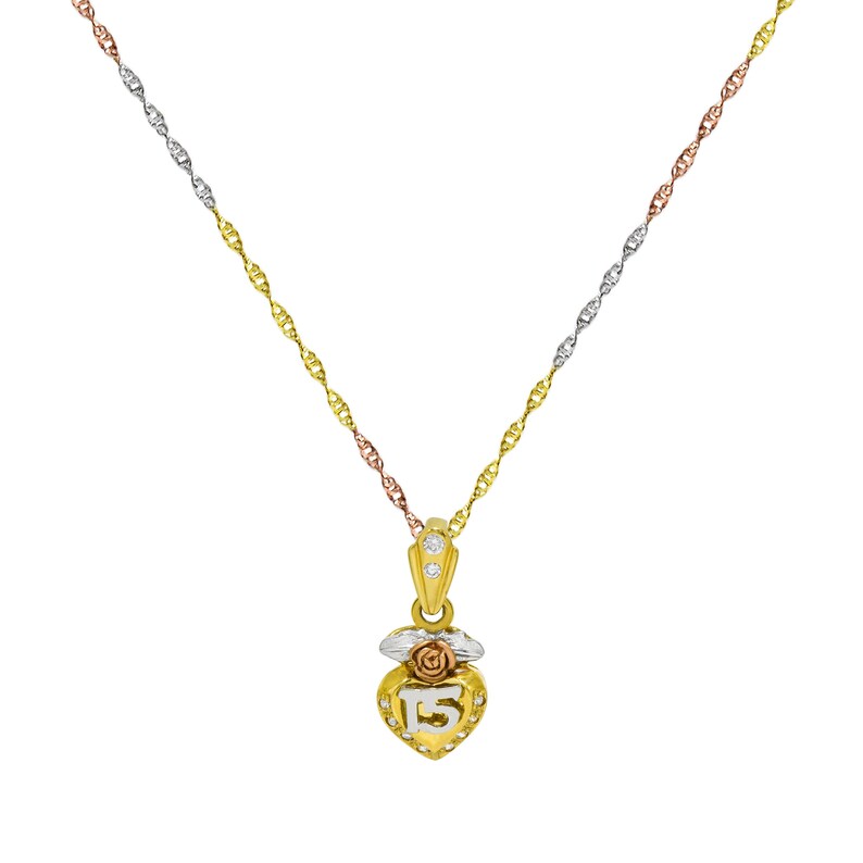 14K Tri-Color Gold 15 Quinceanera Rose Pendant Necklace