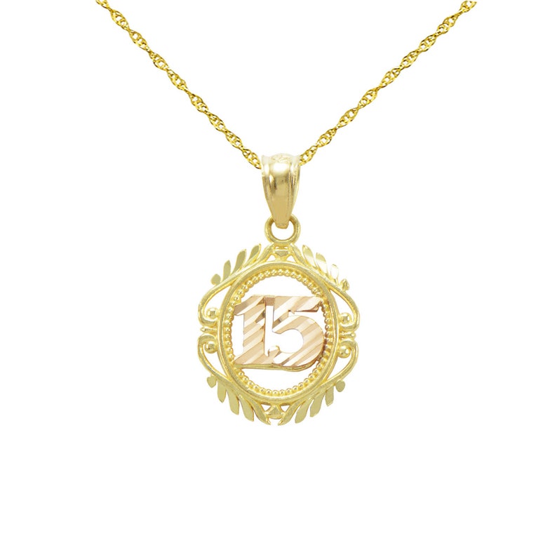 14k Two Tone Gold 15 Anos Quinceanera Pendant Necklace