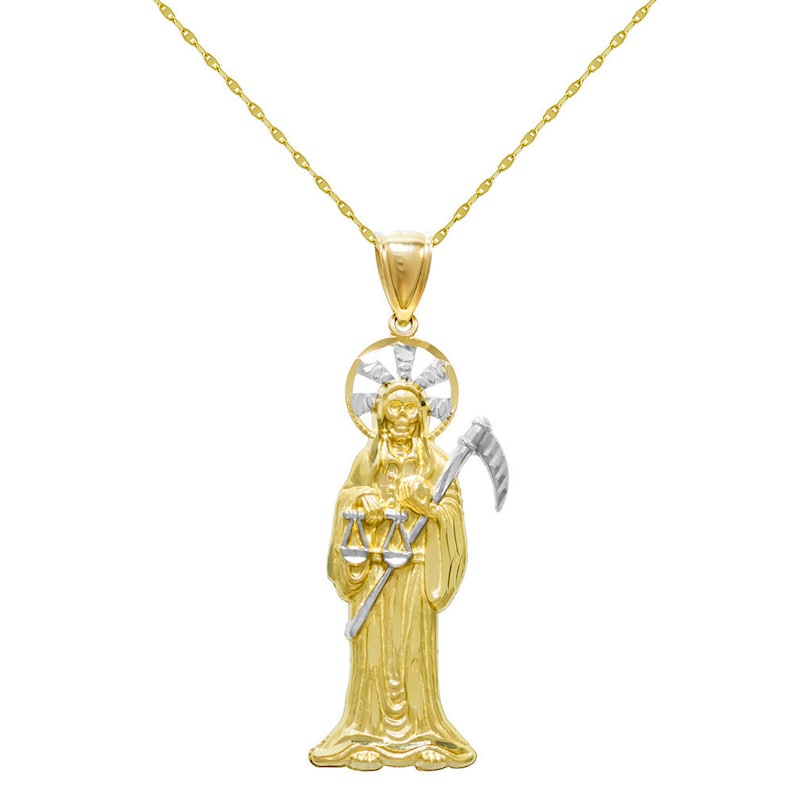 14k Two Tone Gold Santa Muerte Charm Pendant Necklace Image 0