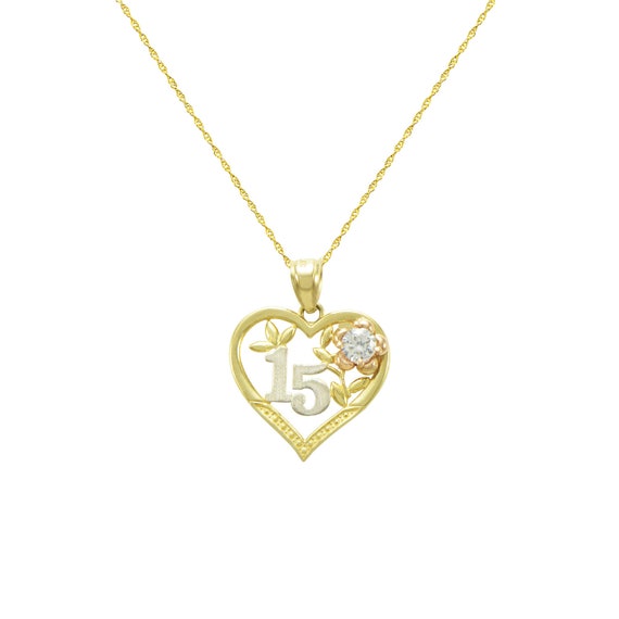 GOLD -14K Tri Color Sweet 15 Anos Years Quinceanera Heart Pendant for  Necklace | eBay
