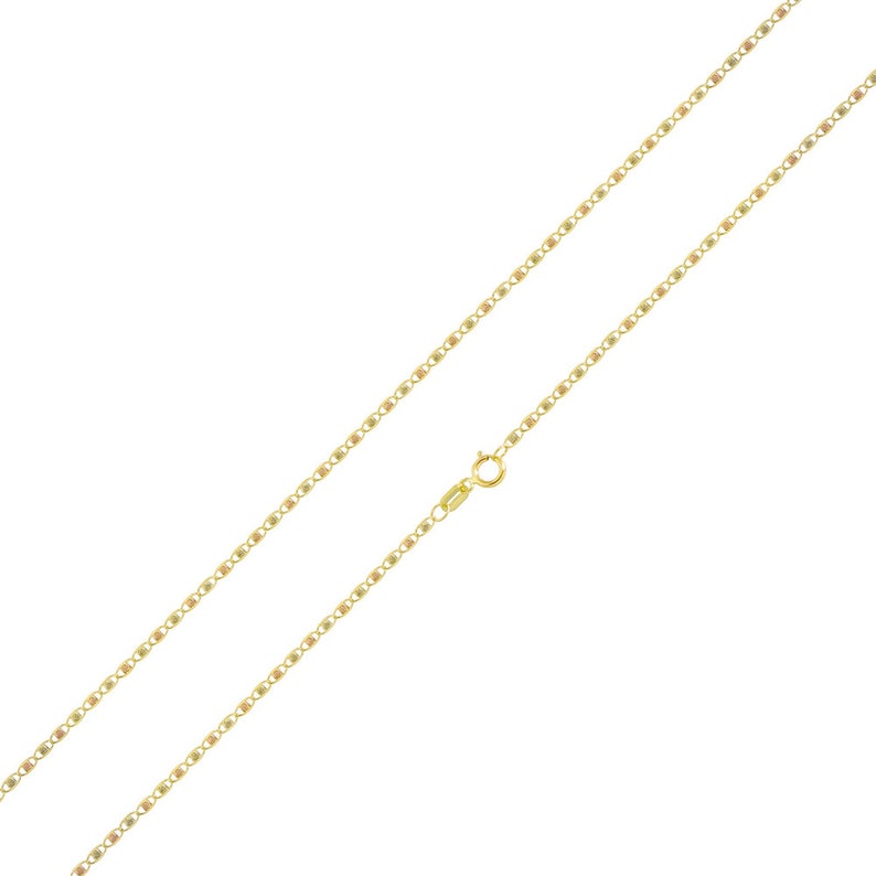 May include: A gold chain necklace with a delicate, textured design. The chain is made of 10 karat gold and is 18 inches (45.7 cm) long.