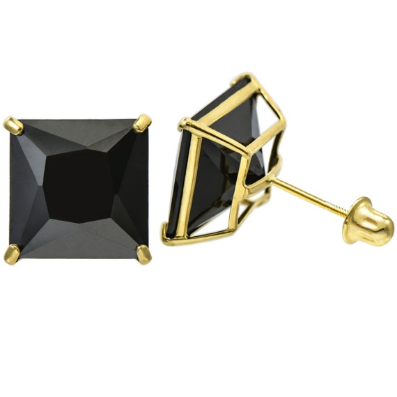 3 mm to 10 mm 10K Yellow Gold Princess cut Black CZ Double-basket set Push back Stud Earrings