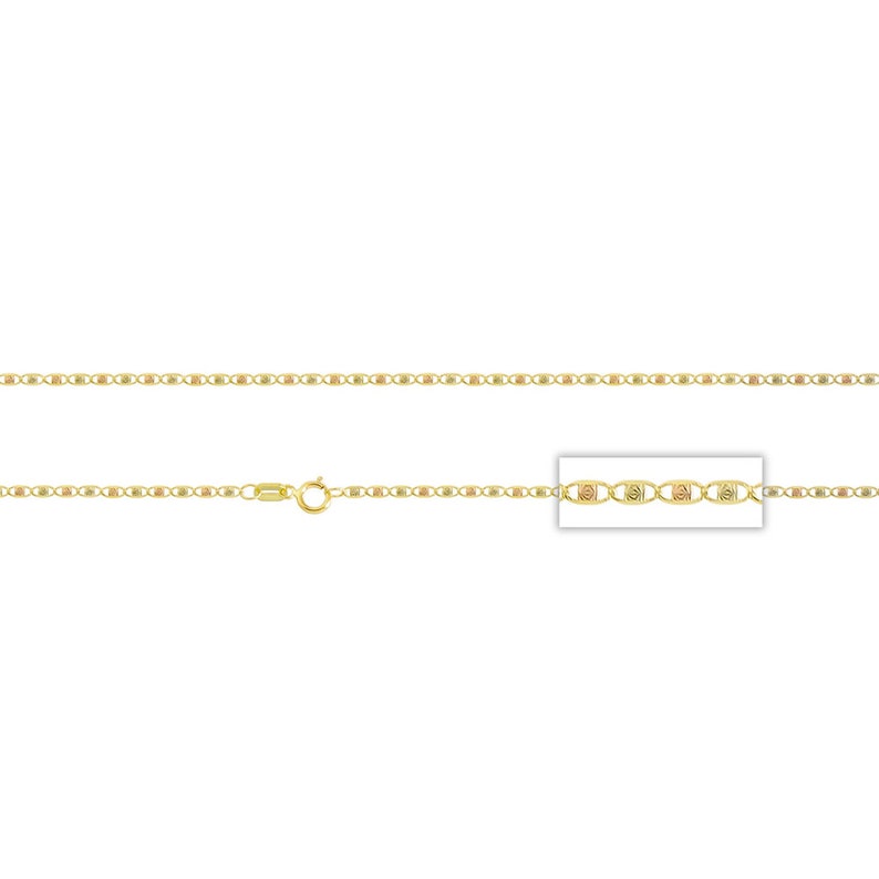 May include: A gold chain necklace with a delicate, linked design. The chain is made of three different shades of gold, creating a unique and stylish look.