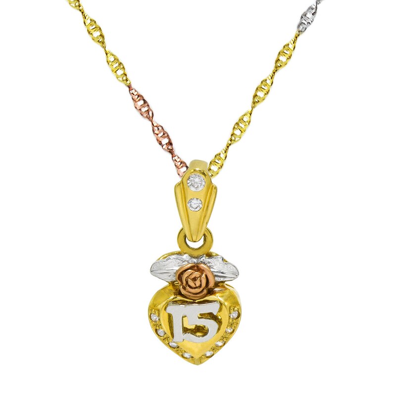 14K Tri-Color Gold 15 Quinceanera Rose Pendant Necklace
