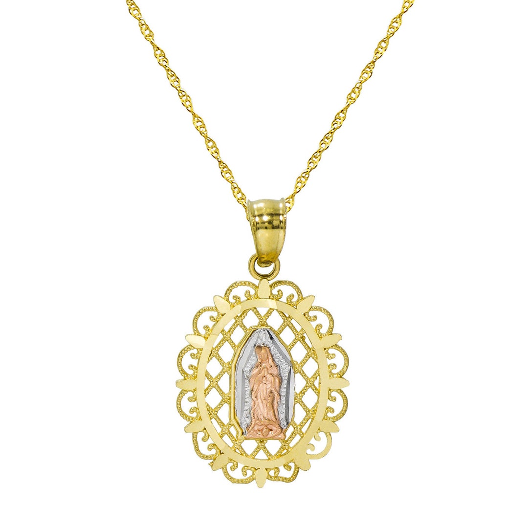 14K Tri Color Gold Virgin Mary Guadalupe Pendant Necklace - Etsy
