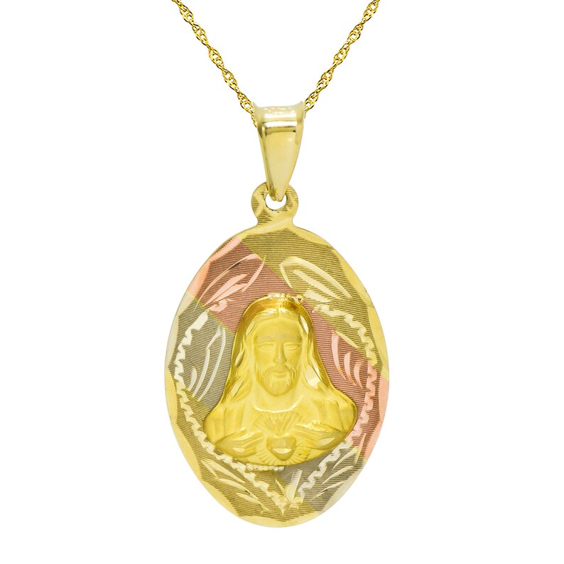14K Tri Color Gold Sagrado Corazon de Jesus Pendant Necklace
