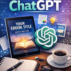 Peut inclure: Image promotionnelle pour la création d'ebooks avec ChatGPT. Le titre est "Create an Ebook with ChatGPT" au-dessus d'une tablette affichant "Your Ebook Title". Une tasse de café, des lunettes et un carnet sont sur une surface en bois. Le texte "Step-by-Step Strategies & Tips" est inclus.