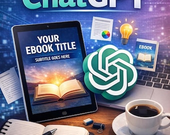 Puede incluir: Imagen que promociona la creación de libros electrónicos con ChatGPT. El título dice "Create an Ebook with ChatGPT" sobre una tableta que muestra "Your Ebook Title". Una taza de café, gafas y un cuaderno están sobre una superficie de madera. Incluye el texto "Step-by-Step Strategies & Tips".