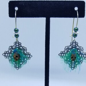 Antique Silver Fairy Shrunken Head Earrings With Scarabaeus Green Swarovski Crystal Peal Accent- REAL Snapdragon Seed Pods