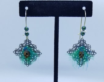 Antique Silver Fairy Shrunken Head Earrings With Scarabaeus Green Swarovski Crystal Peal Accent- REAL Snapdragon Seed Pods