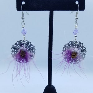 Antique Silver Fairy Shrunken Head Earrings with Violet Swarovski Crystal Accents- REAL Snapdragon Seed Pods