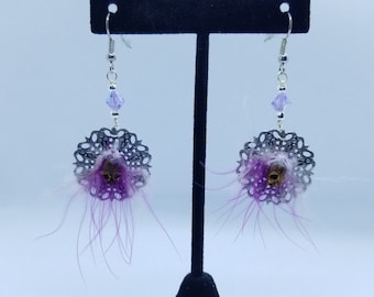 Antique Silver Fairy Shrunken Head Earrings with Violet Swarovski Crystal Accents- REAL Snapdragon Seed Pods