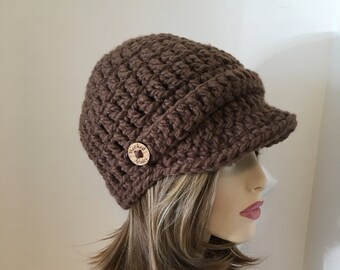 Crochet Brimmed Hat,Womens Hat,Newsboy Cap,Newsboy Hat,Brown Chunky Hat,Neutral Hat,Chunky Crochet Hat,Women's Crochet Hat,Brown Winter Hat