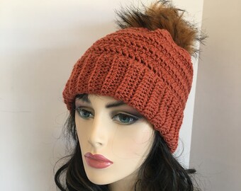 Terra Cotta Crochet Beanie: Brimmed Winter Hat with Pom Pom