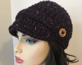 Crochet Brimmed Hat,Womens Hat,Newsboy Cap,Newsboy Hat,Chunky Hat,Eggplant, Chunky Crochet Hat,Women's Crochet Hat,Women's Wool Hat