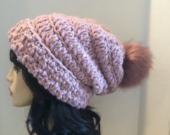 Rose Alpaca Hat, Winter Hat, Ski Hat, Beanie, Slouchy, Alpaca Hat,Crochet Alpaca Hat,Rose Gold,Pom Pom Hat,Pom Alpaca,Double Brim Winter Hat