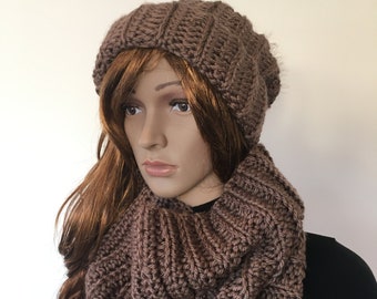 Taupe Hat, Mocha Winter Hat, Taupe Scarf, Hat and Scarf Set, Hat and Cowl, Knit Scarf, Knit Hat, Neutral Winter Hat