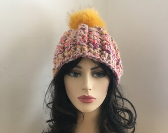 Colorful Beanie, Crochet Hat, Women's Crochet Hat,Beanie, Pom Pom Hat, Beanie, Rainbow Hat, Big PomPom Ha, Winter Beanie, Yellow Hat