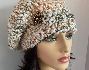 Handcrafted Boucle Crochet Beret: Women's Slouchy Knit Hat with Brooch