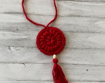 Red Crochet Dreamcatcher: Mandala Car Rearview Mirror Accessory