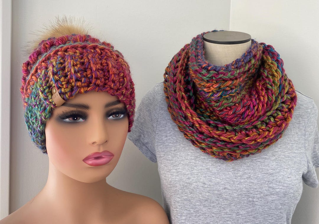 Chunky Crochet Bobble Hat and Cowl Set: Colorful Winter Beanie - Etsy