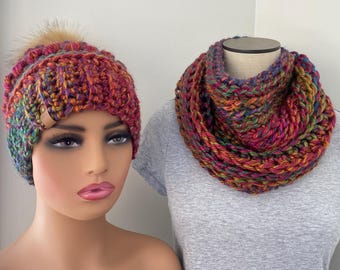 Chunky Crochet Bobble Hat and Cowl Set: Colorful Winter Beanie