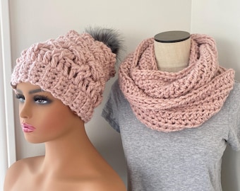 Chunky Knit Blush Pink Hat and Cowl Set: Recycled Yarn, Removable Pom