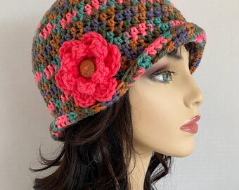 Crochet Cloche, Crochet Chemo Hat, Chemo Hat, Soft Hat, Colorful Hat, Hat with Flower