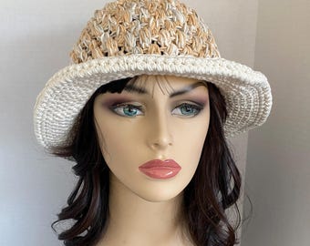 Handcrafted Cotton Bucket Hat: Cream & Sunset Colors, Flat Brim