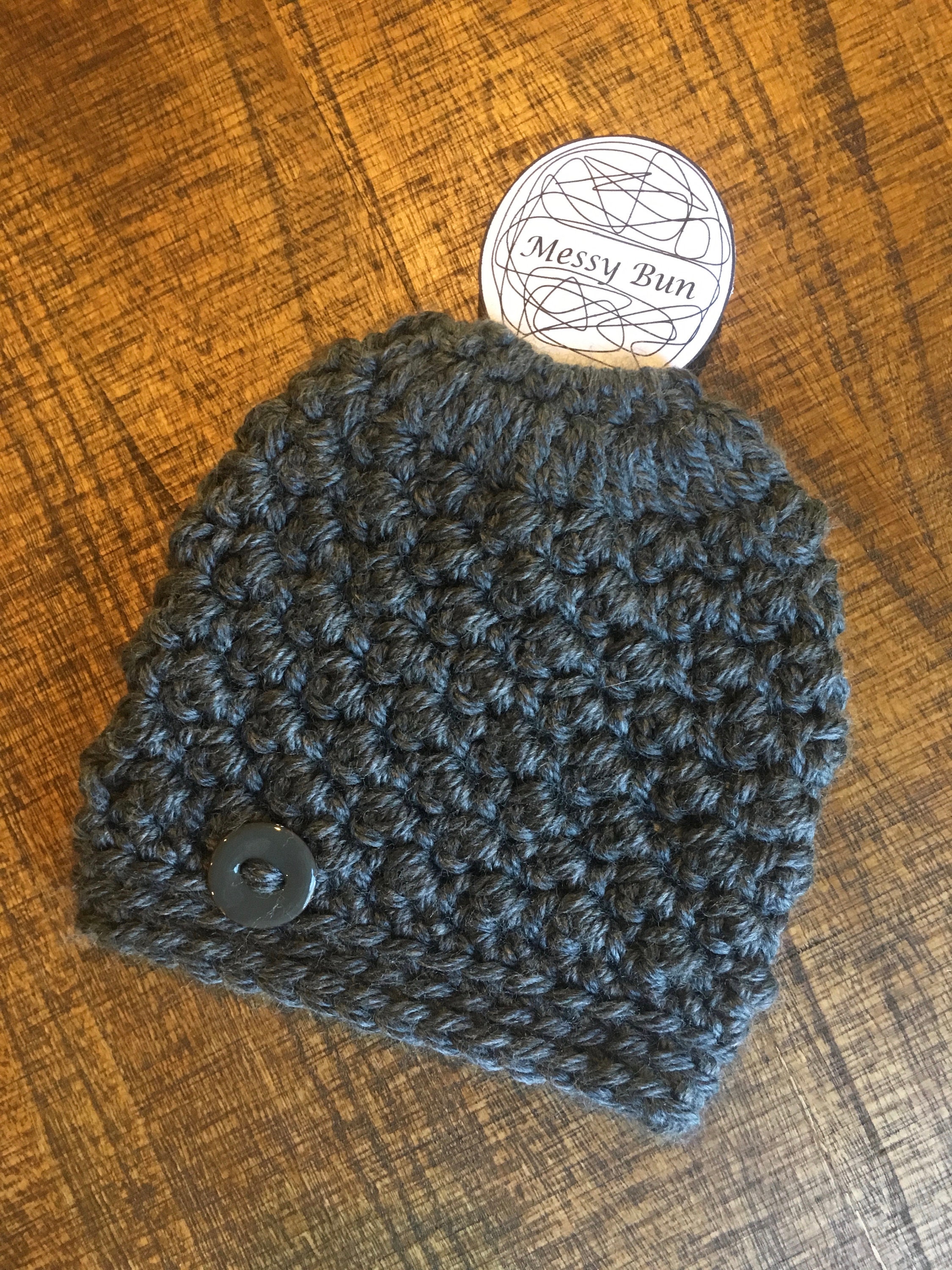 Gray Crochet Messy Bun Beanie: Ponytail Hat, Teen/adult Fit 
