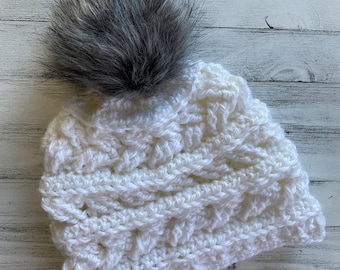 White Crochet Beanie: Chunky Knit Winter Hat with Faux Fur Pom