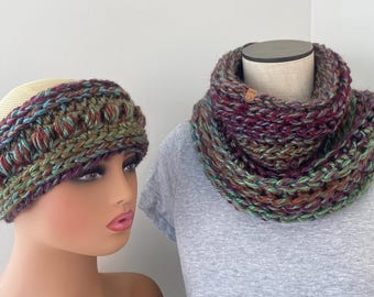 Bobble Headband & Cowl Set: Hand Knit Ear Warmer Neckwarmer