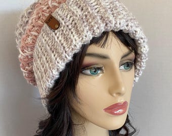 Crochet Slouchy Beanie, Winter Hat, Warm Hat, Wool Hat, Knit Hat, Pink Hat, Soft Colors, Textured Beanie