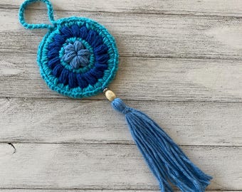 Blue Mandala Dreamcatcher: Cotton Car Accessory, Wall Hanging