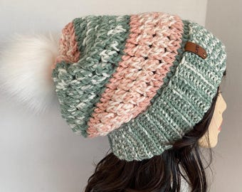 Crochet Slouchy Beanie, Winter Hat, Warm Hat, Wool Hat, Knit Hat, Pink Hat, Green Hat, Soft Colors, Textured Beanie, Wool