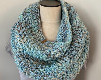 Seaglass Knit Cowl: Handmade Blue Scarf Snood