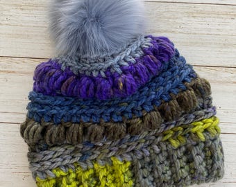 Chunky Crochet Bobble Beanie: Colorful Knit Winter Hat with Pom Pom