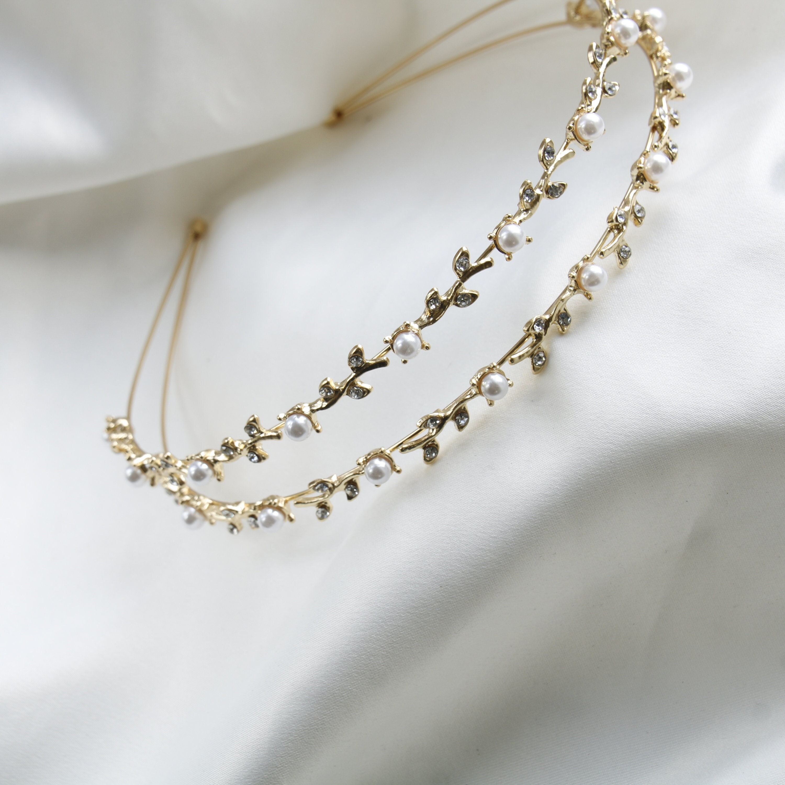 Gold Pearl and Crystal Double-Row Headband Double Row Pearl Headband - Etsy main image 2