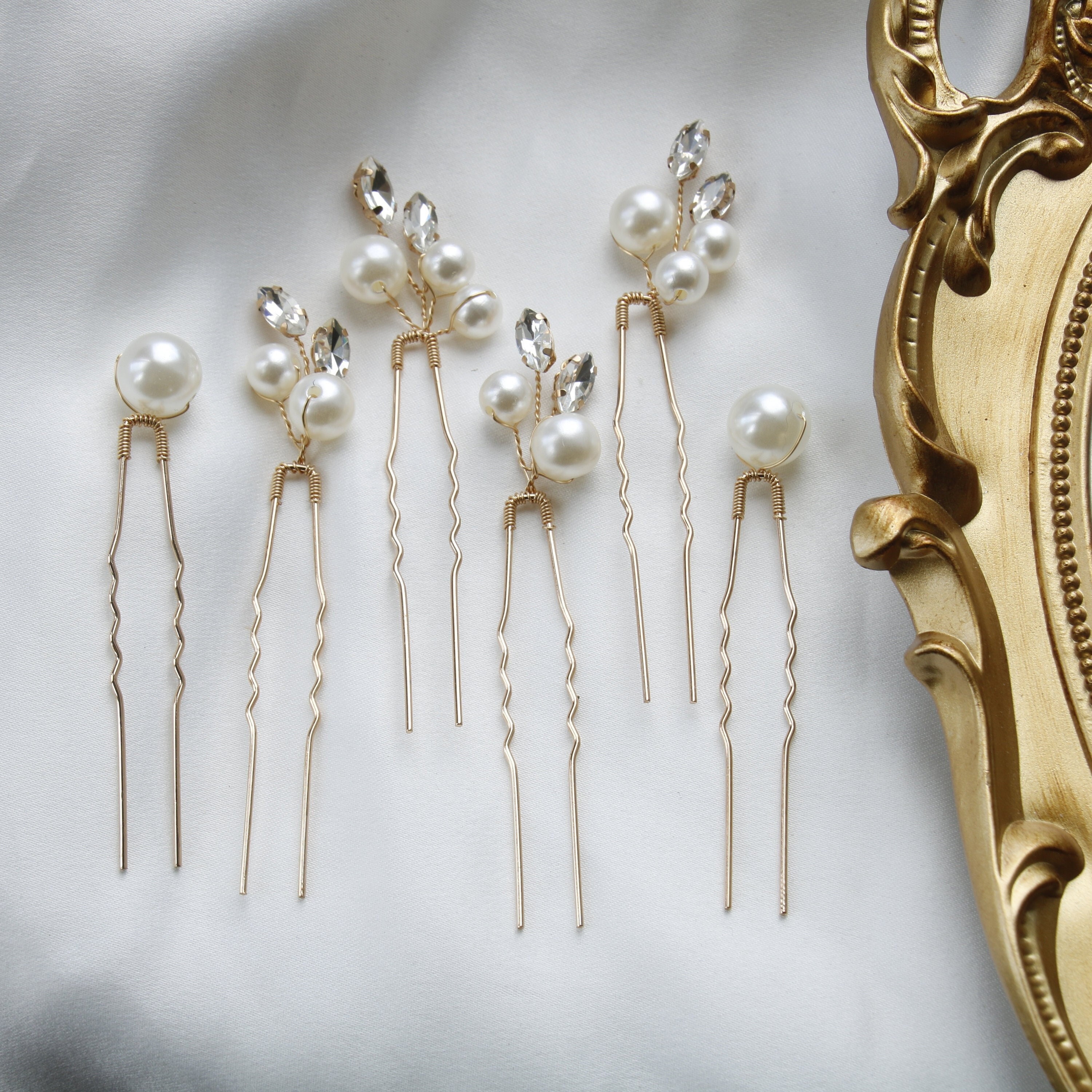 Pearl & Crystal Bridal Hair Pins - Set of 6 Gold Wedding 