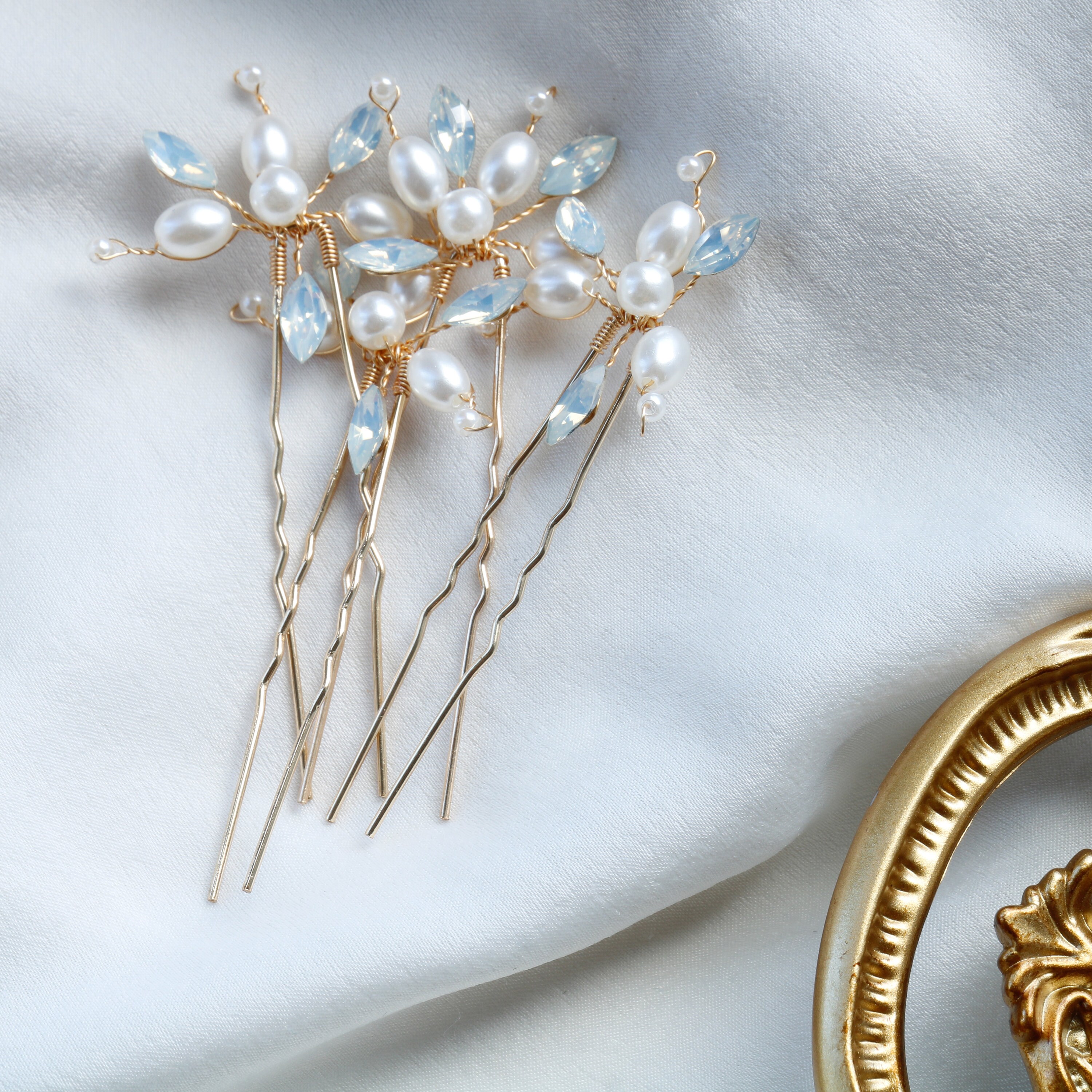 Gold Bridal Hair Pins: Pearl & Marquise Crystal Set of 4 - Etsy display picture 3