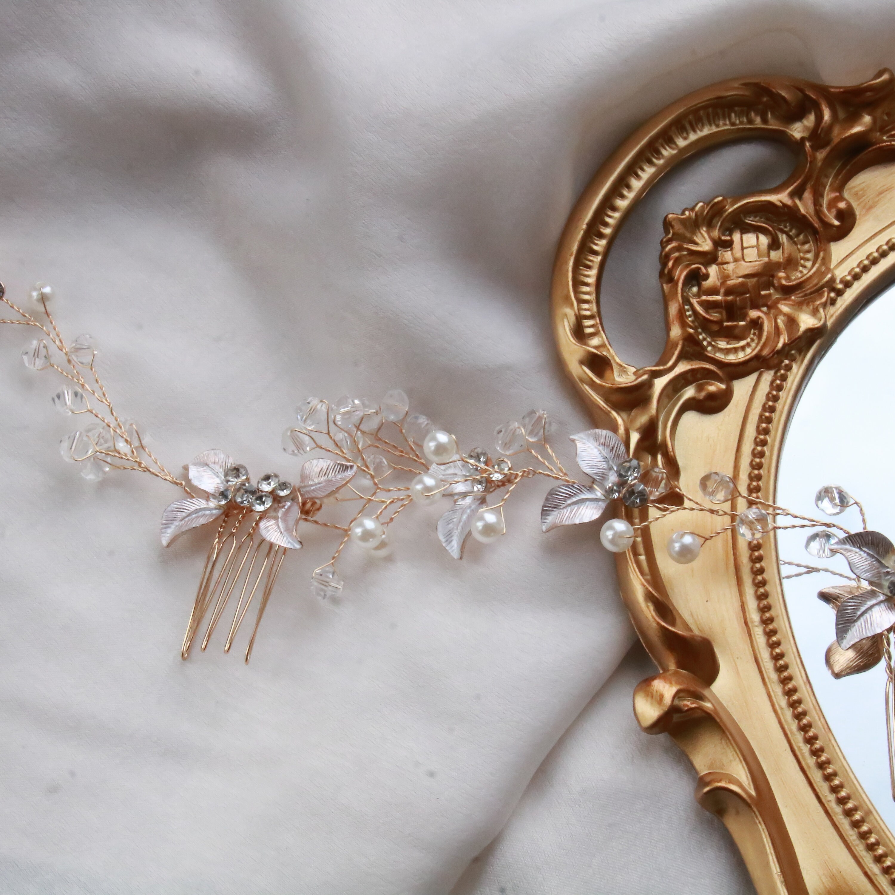 Rose Gold Crystal ? Leaf ? Bridal Hair Vine Rose Gold Bridal Hair Vine With Leaves and Crystal - Etsy main image 3