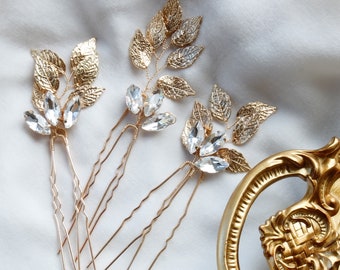 Set of 6 Crystal and Gold Leaf Hair Pins, Bridal Hair Pin with  Faux Pearls and Crystals, Wedding Hair Pin, Bridal Hair Piece,Golden HairPin