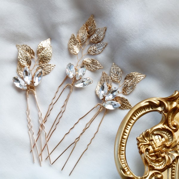 Set of 6 Crystal and Gold Leaf Hair Pins, Bridal Hair Pin with  Faux Pearls and Crystals, Wedding Hair Pin, Bridal Hair Piece,Golden HairPin