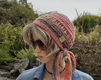 Hand Knit Hat, Boho Hippy Beanie, Crochet Beanie Hat, Ombre Beany, Beanie with Ties, Skull Cap, Winter Accessories, Bohemian Style