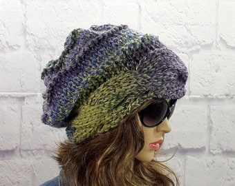 Cable Knit Hat Women, Ombre Slouch Beanie, Hand Knitted, Boho Hippy Festival, Winter Bohemian, Adult Hats