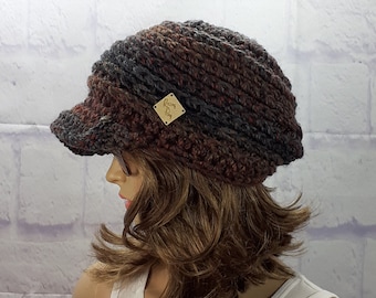 Winter Hat Women, Crochet Beanie Hat, Peaked Cap, Ombre Slouchy Beanie, Brimmed Beanie, Hat with Peak, Winter Accessories, Adult Hats