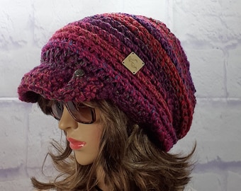 Newsboy Cap Women, Crochet Beanie Hat, Peaked Cap, Ombre Slouchy Beanie, Brimmed Beanie, Hat with Peak, Winter Accessories, Adult Hats