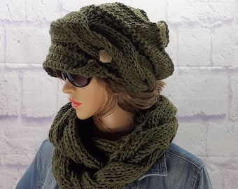Hat and Scarf set, Hat Scarf Combo, Newsboy Cap, Cowl and Hat Set, Peaked Cap, Cable Knit Hat, Hat Scarf Women,  Beanie Cap, Knitted Hat